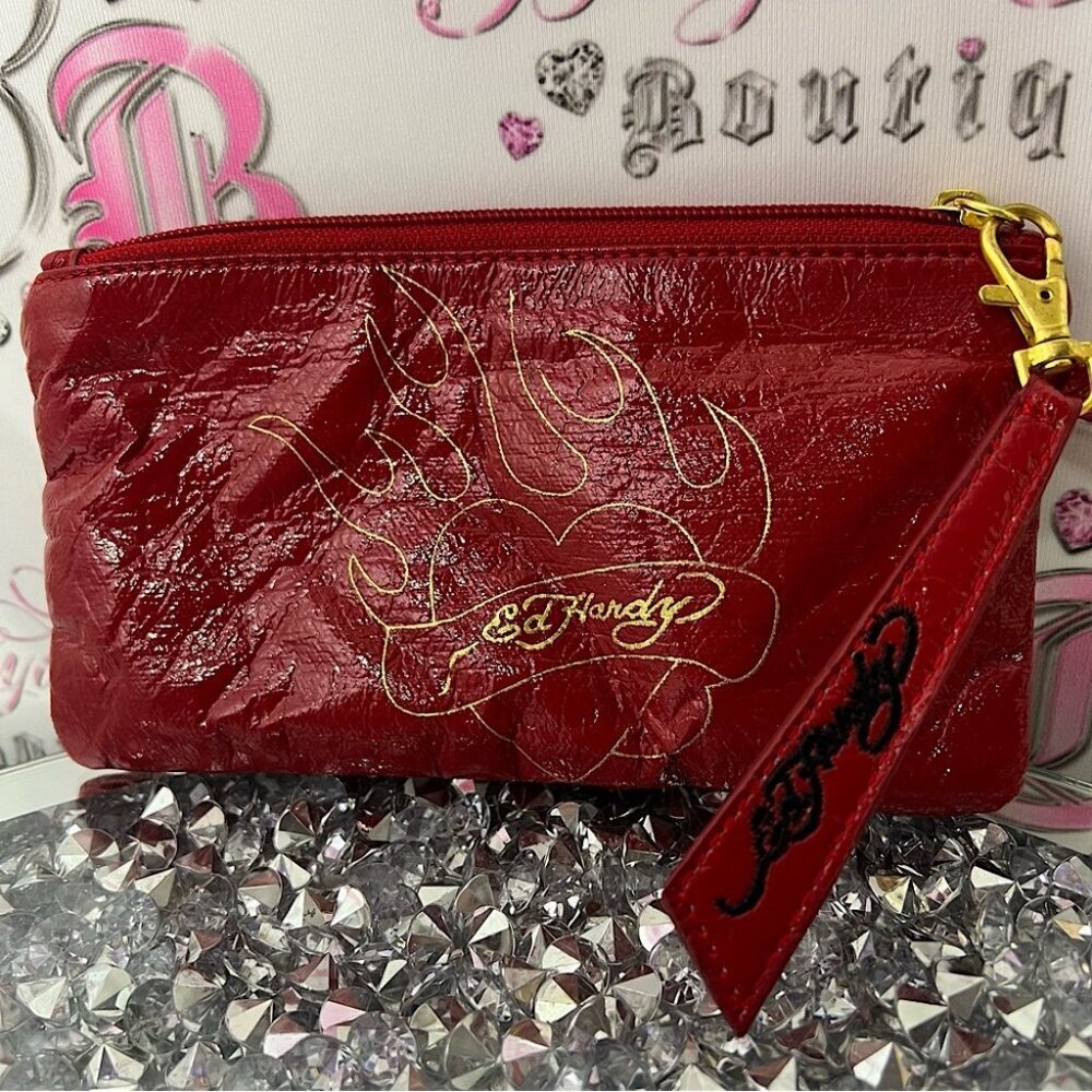 Ed hardy bag wristlet pouch red logo print interior tattoo brand don ed hardy
